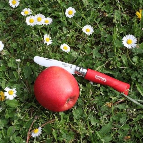 סכין אופינל אדומה מונחת על דשא ירוק עם פרחים לבנים וצהובים, ולצידה מונח תפוח אדום