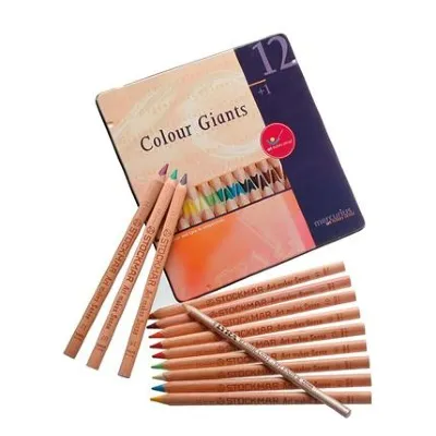 קופסת פח ולצידה 12 עפרונות שטוקמר צבעוניים עשויים עץ