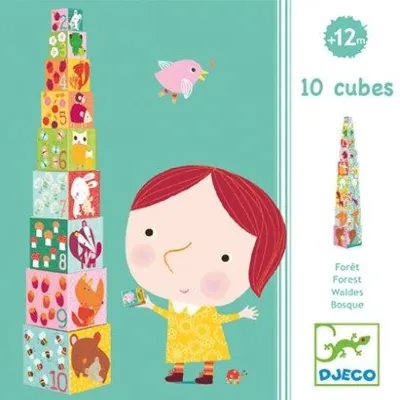 10 cubes - forest. עם תמונה של מגדל הקוביות בנוי ואיור של ילדה לצידו, עם ציפור מרחפת