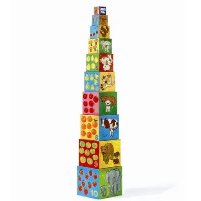 מגדל של 10 קוביות צבעוניות עם ציורי פירות וחיות