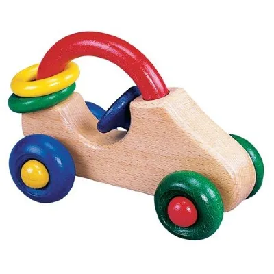 מכונית עץ, בצבעי עץ טבעי, אדום, ירוק, כחול וצהוב