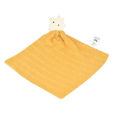 שמיכה מרובעת צהובה עם בובת ג'ירפה מחוברת באחד הקודקודים