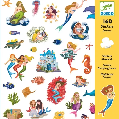 160 stickers - mermaids By Djeco עטיפת המוצר עם פס טקסט בצבע צהוב.