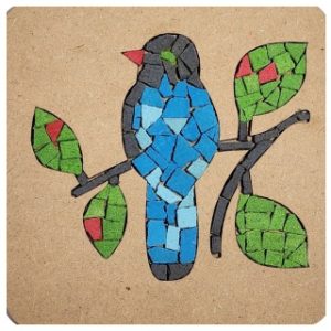 ציור מפסיפס - ציפור כחולה על ענף חום וירוק