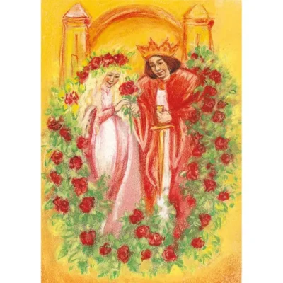 גלויה מאויירת עם רקע צהוב עם נסיך ונסיכה מוקפים בשיח פרחים אדומים