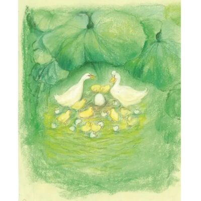 גלויה בגווני ירוק עם ציור של אווזים ואפרוחים שבוקעים מהביצים