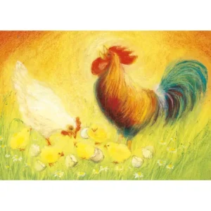 גלויה מאויירת עם משפחה של תרנגולים