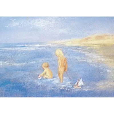 גלויה מצויירת בגווני כחול של ילד וילדה משחקים בים