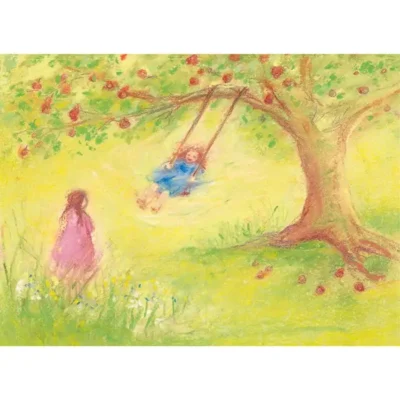 גלויה מאוירת עם שני ילדים מתח לעץ תפוח, ואחד מהם מתנדנד בנדנדה שתלויה מהעץ