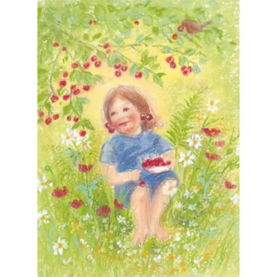 גלויה מאויירת בגווני ירוק, עם ילדה יושבת מתחת לעץ דובדבנים ואוכלת דובדבנים