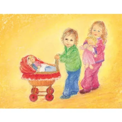 גלויה מאוירת עם רקע צהוב ושני ילדים משחקים ומטיילים עם בובות