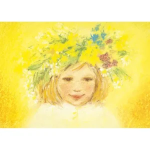 גלויה מאוירת של ילדה בלונדינית עם זר פרחים לראשה על רקע צהוב. כתר של פרחים