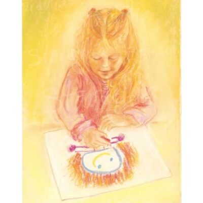 גלויה בגווני צהוב של ילדה מציירת ציור