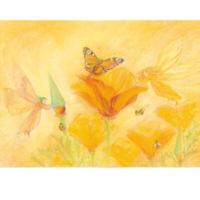 גלויה בגווני צהוב וכתום עם איור של פיות, פרחים, פרפרים ודבורים