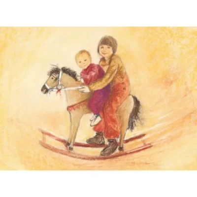 גלויה מצויירת של ילד וילדה יושבים ומתנדנדים ביחד על סוס עץ