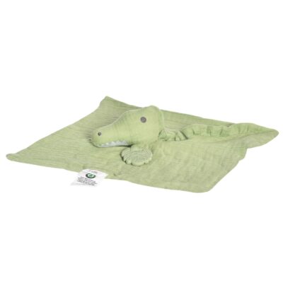 שמיכה מרובעת בצבע ירוק עם בובת תנין ירוק מחוברת אליה