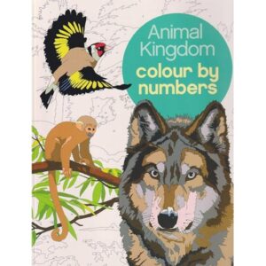 כריכת הספר Animal Kingdom Colour by Numbers עם ציור של זאב, קוף וציפור צבעוניים.