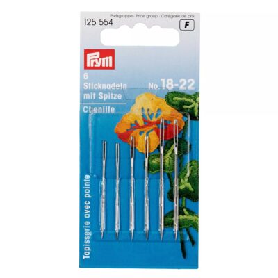 חבילת 6 מחטים של PRYM במידה 18-22 עם ציור של פרח רקום