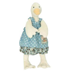 בובת ברווזה לבנה עם מקור צהוב ושמלה בצבע תכלת