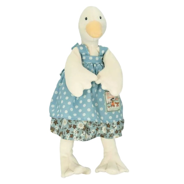 בובת ברווזה לבנה עם מקור צהוב ושמלה בצבע תכלת