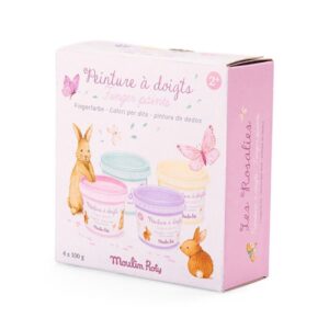 אריזת המוצר מרובעת עם ציור של ארנ וארבעה צבעי הפסטל.