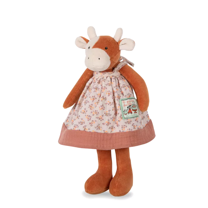 בובת פרה חומה עם שמלה ורודה פרחונית
