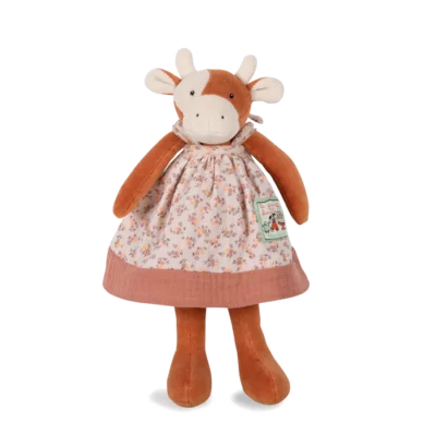 בובת פרה חומה עם שמלה ורודה פרחונית