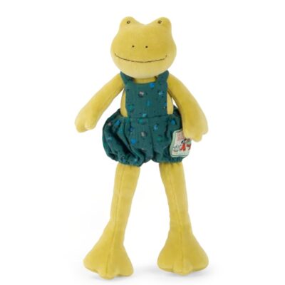 בובת צפרדע ירוקה עם סרבל בצבע טורקיז עם פרחים