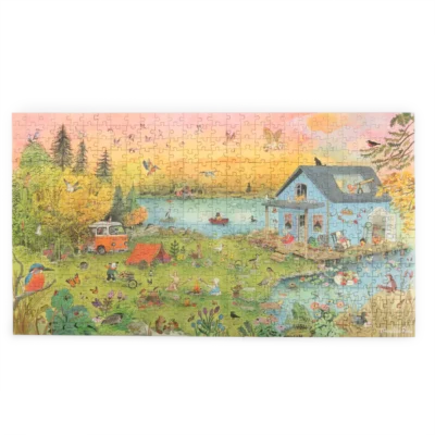 פאזל מלבני גדול של חיות בחופשה בבקתה על האגם