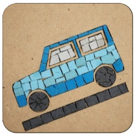 מכונית כחולה מפסיפס עם רקע שעם בצבע חום