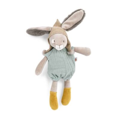 בובת ארנב רך אפור עם כובע וגרביים בצבע חרדל ואוברול בצבע תכלת