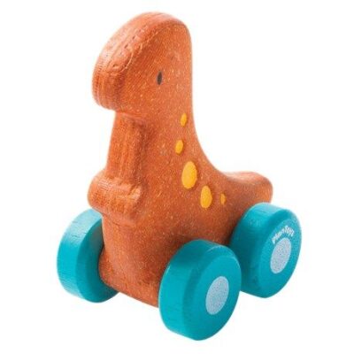מכונית דינזאור בגווני כתום צהוב וכחול עם ארבעה גלגלים