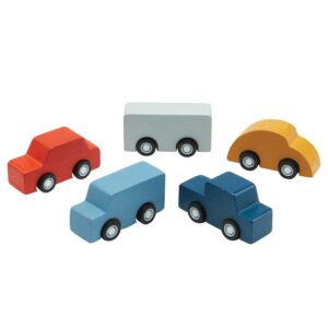 חמש מכוניות צבעוניות מעץ - תכלת, כחול, אדום, לבן וצהוב