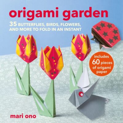 כריכת הספר origami garden עם פרחים מקופלים וחיפושית