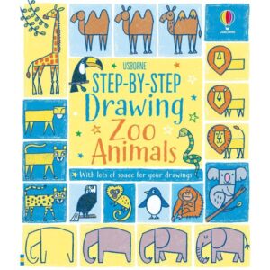 כריכת הספר עם איורי חיות וכיתוב באנגלית Step-by-Step Drawing Zoo Animals